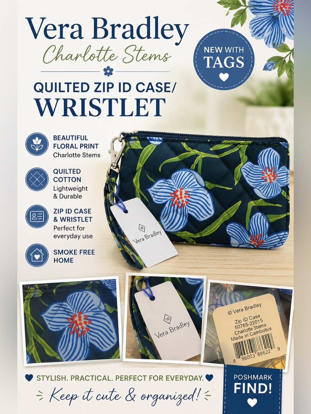 Vera Bradley Charlotte Stems Blue Floral Quilted Zip ID case/Wristlet NWT